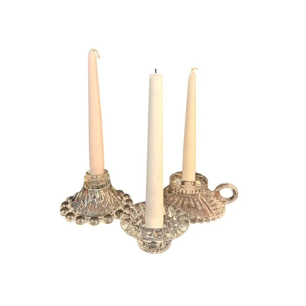 Vintage Mismatched Cottagecore Glass Taper Candle Holder Set Beaded Chamberstick